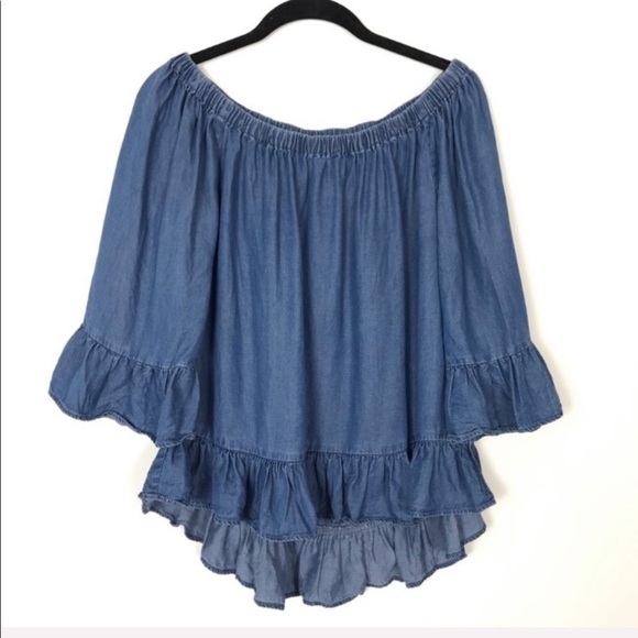 JANE & DELANCEY Blue Chambray Denim Ruffle Top Small Off Shoulder Fall Casual - Picture 3 of 8